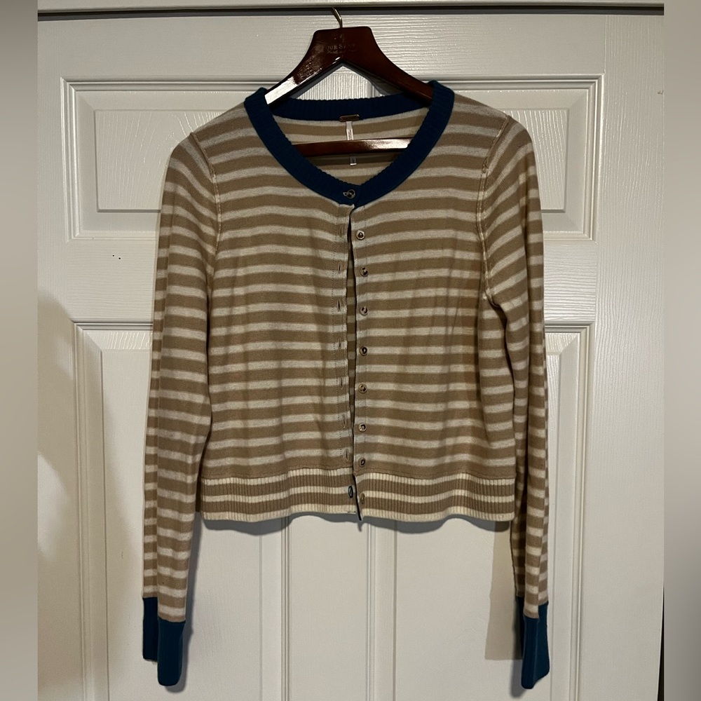 Free People Teal and Beige Striped Knit Top